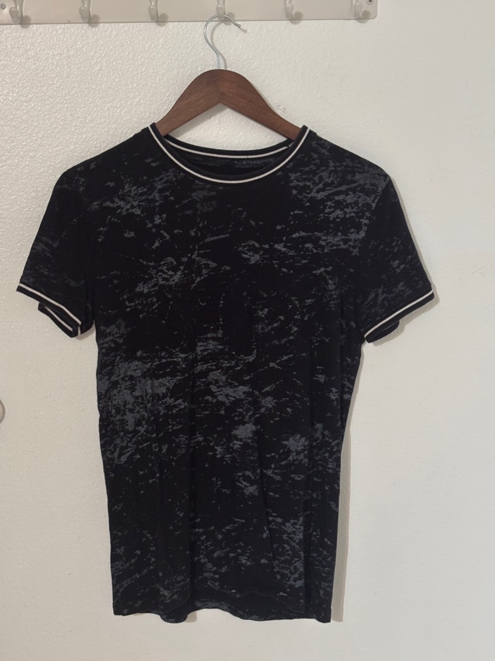 Men's Black Distressed Crew Neck Tee with Contrast Trim